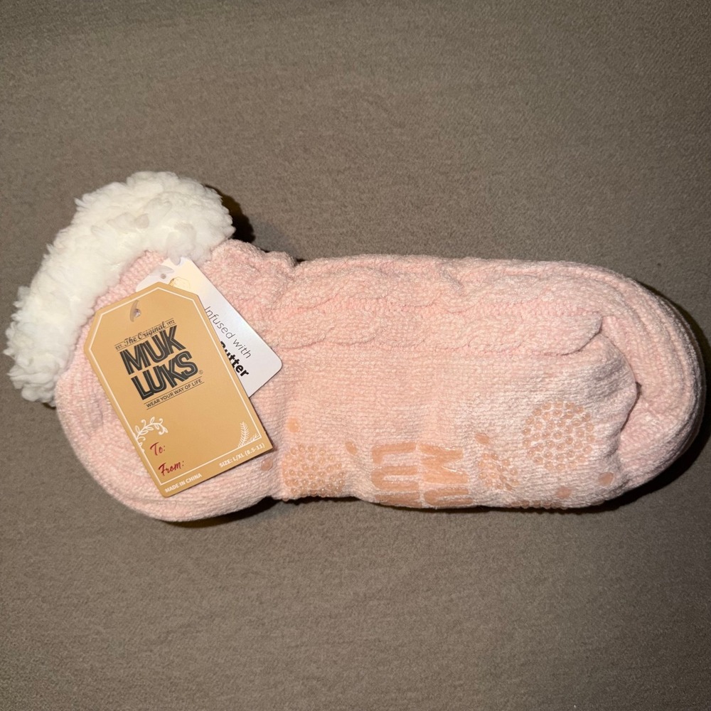 Muk Luks Womens Cozy Chenille Cable Knit Bootie Slippers Pink, Size L XL, NWT